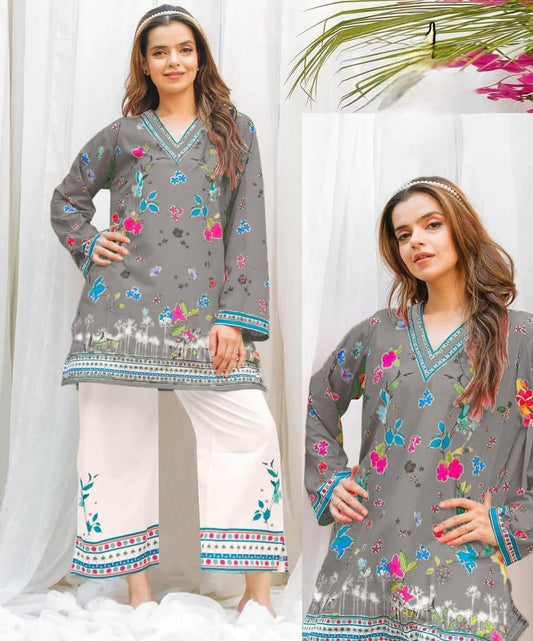 2 Pcs Women's Stitched Swiss Lawn Printed Shirt And Trouser