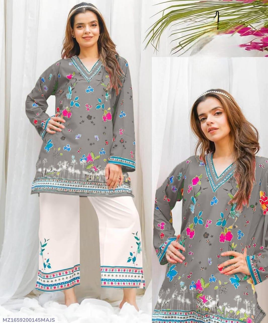 2 Pcs Women's Stitched Swiss Lawn Printed Shirt And Trouser
