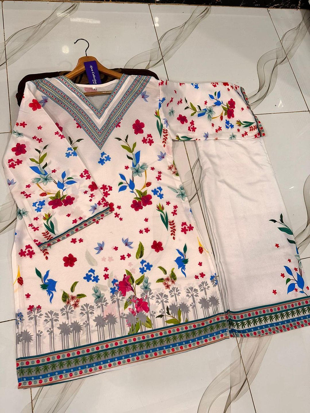 2 Pcs Women's Stitched Swiss Lawn Printed Shirt And Trouser
