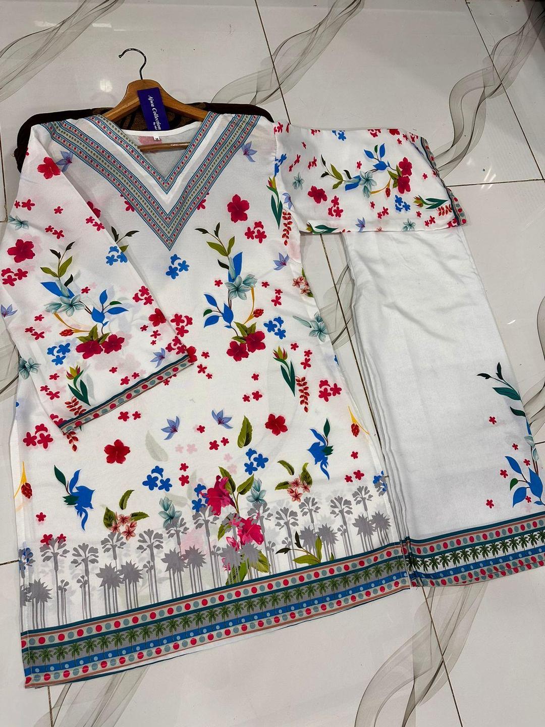 2 Pcs Women's Stitched Swiss Lawn Printed Shirt And Trouser