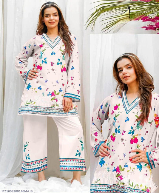 2 Pcs Women's Stitched Swiss Lawn Printed Shirt And Trouser