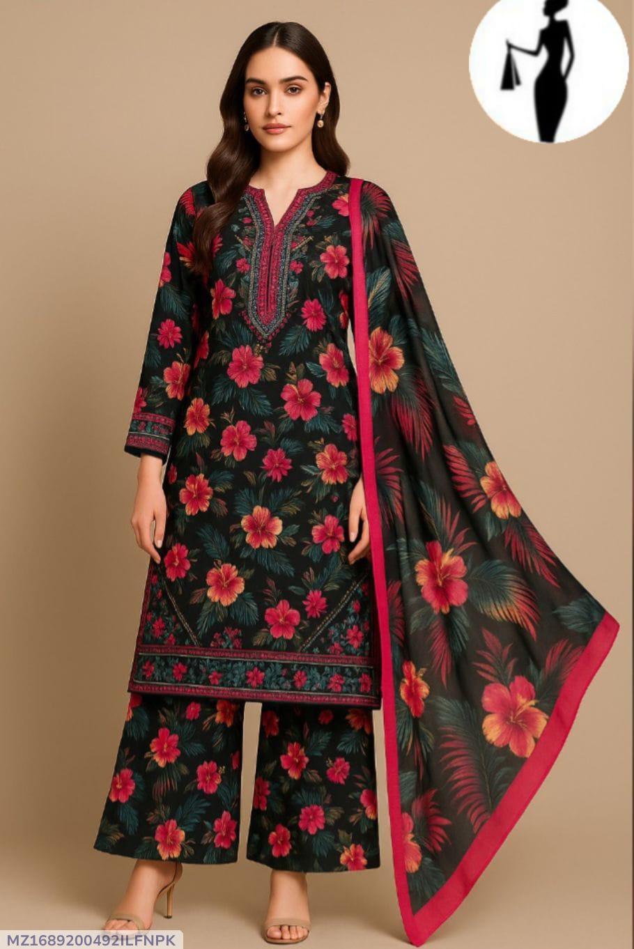 3 Pcs Women's Stitched Lawn Sequins Embroidered Suit