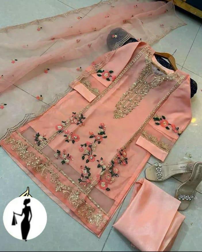 3 Pcs Women's Stitched Organza Embroidered Suit