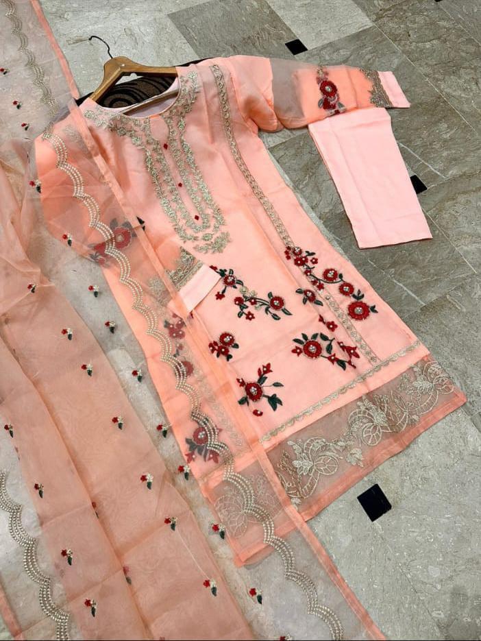 3 Pcs Women's Stitched Organza Embroidered Suit