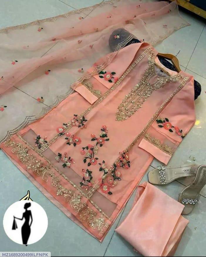 3 Pcs Women's Stitched Organza Embroidered Suit
