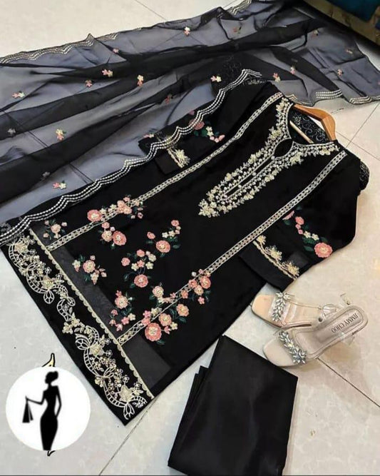 3 Pcs Women's Stitched Organza Embroidered Suit
