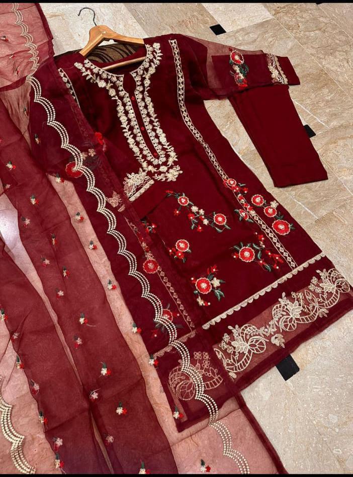 3 Pcs Women's Stitched Organza Embroidered Suit