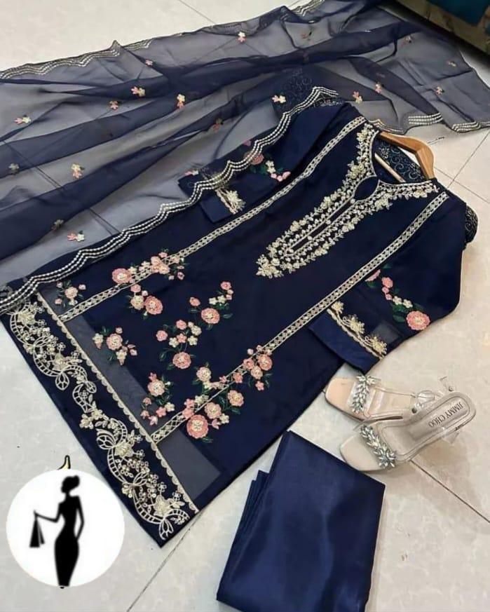 3 Pcs Women's Stitched Organza Embroidered Suit