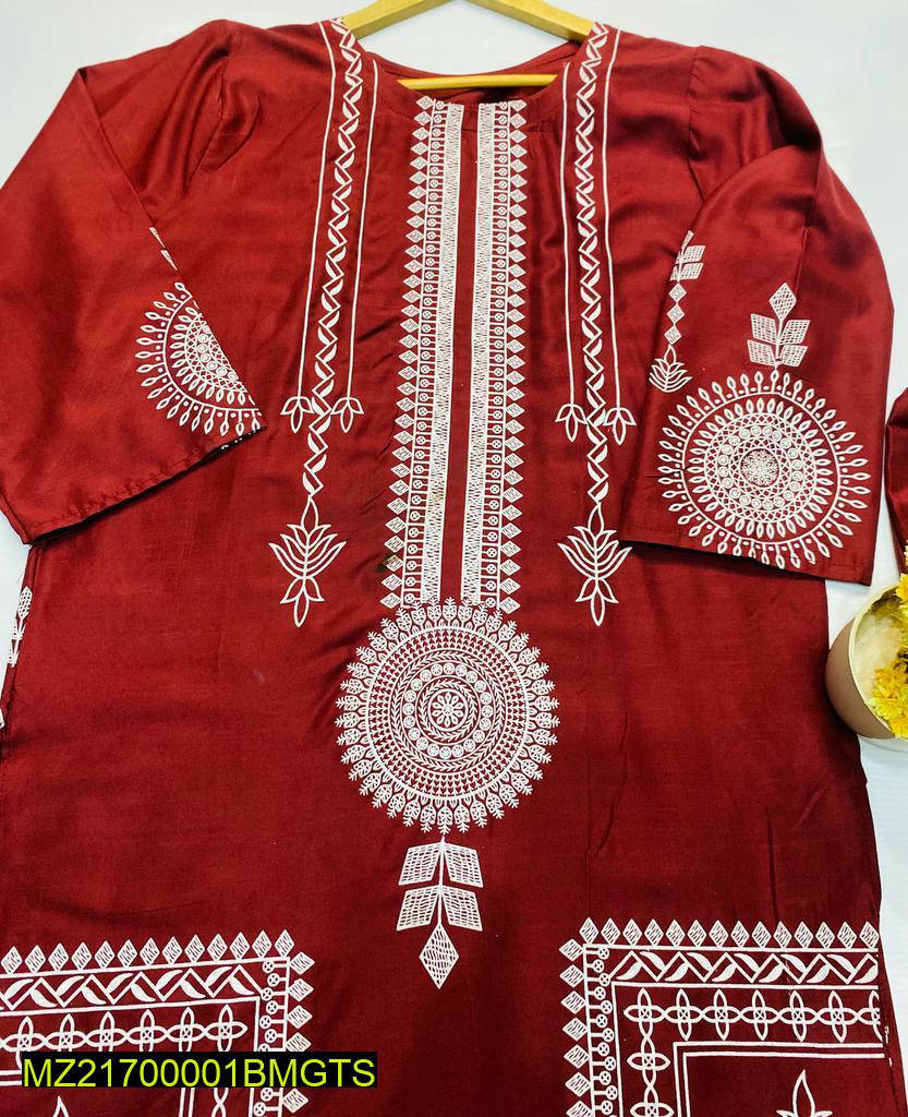 2 Pcs Women's Stitched Linen Block Printed Suit