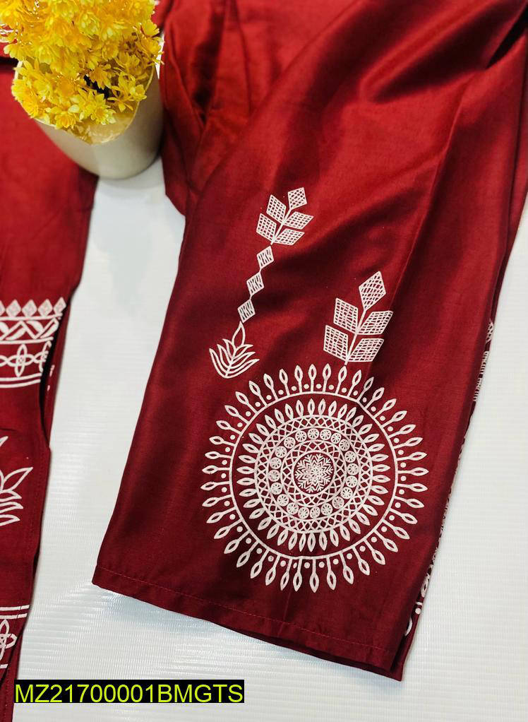 2 Pcs Women's Stitched Linen Block Printed Suit