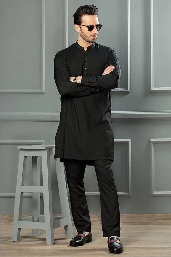 2 Pcs Men’s Stitched Wash And Wear Plain Black Shalwar Kameez