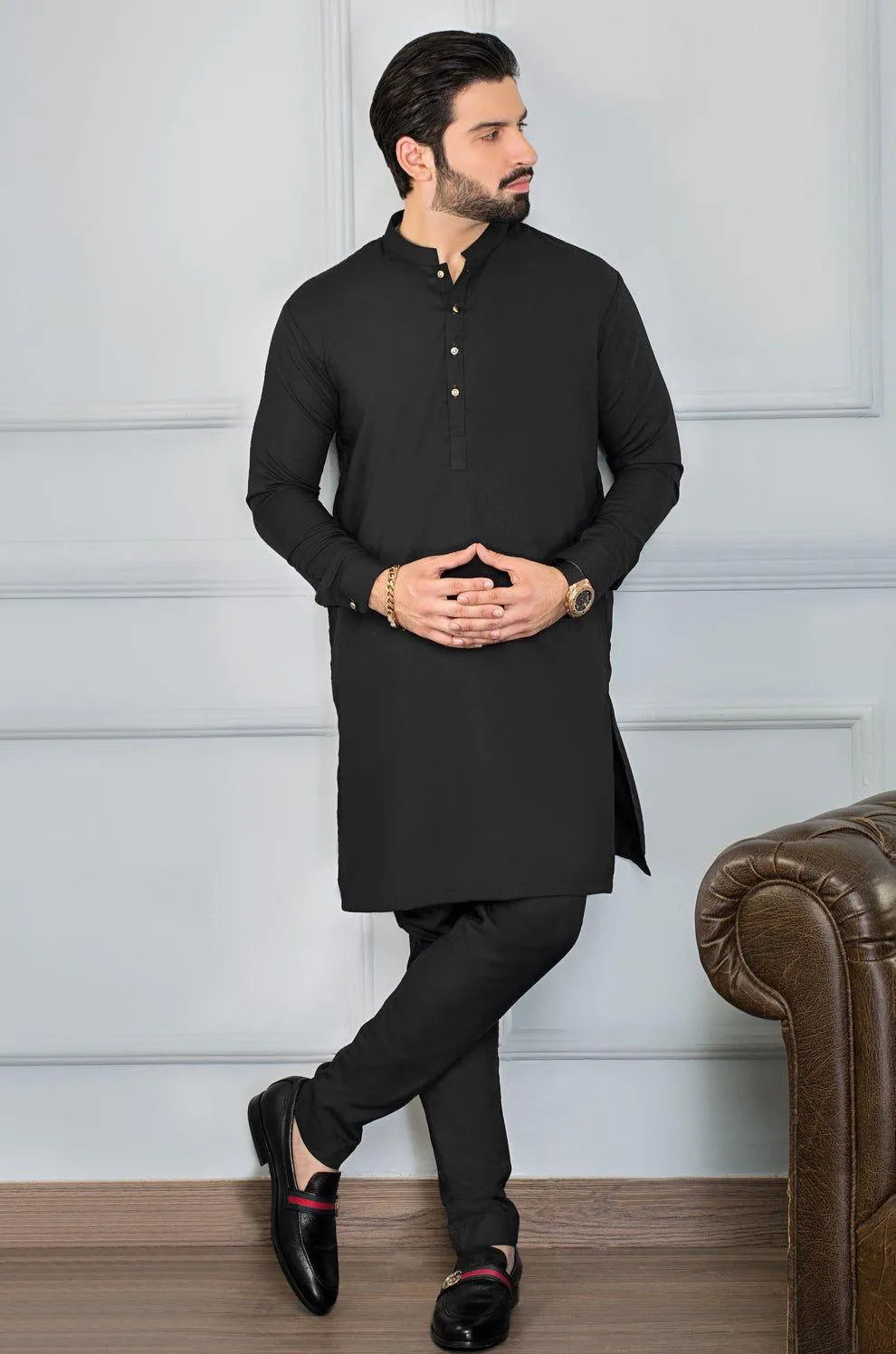 2 Pcs Men’s Stitched Wash And Wear Plain Black Shalwar Kameez